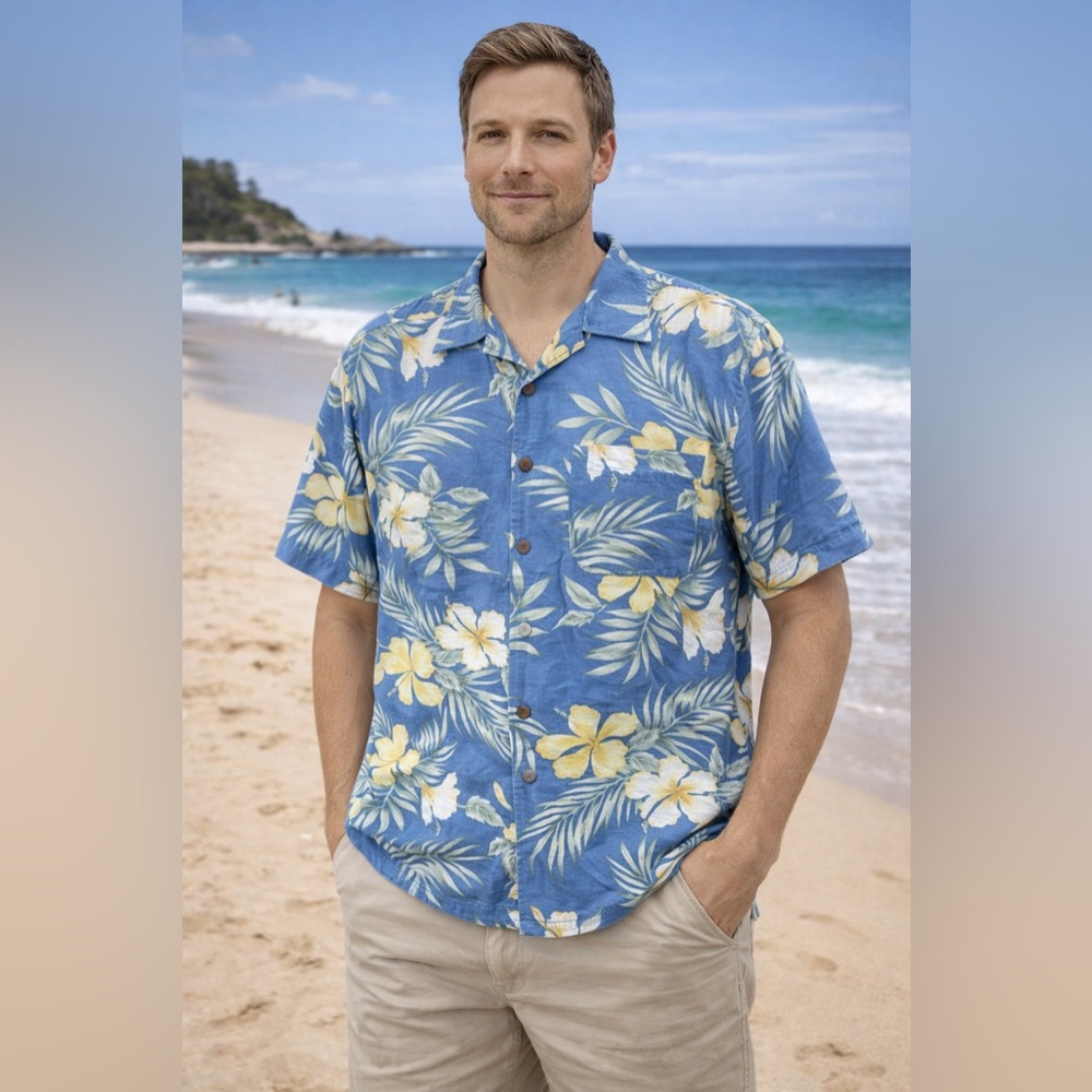 Silk Trader Bay Hawaiian Shirt Mens Medium‎ Blue Yellow Floral Resort Palm Print